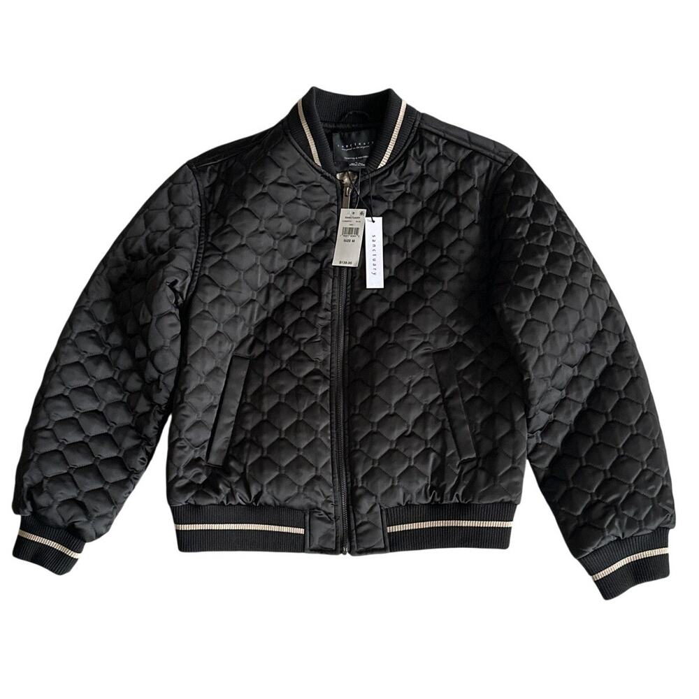 NWT Sanctuary Marilyn Quilted Bomber Jacket Black Women Medium Modern Uniform